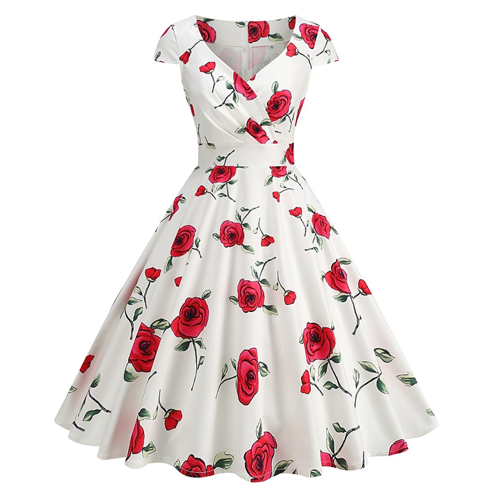 1950er Vintage inspiriert Cocktailkleid Mittlere Länge Lange Länge Kleid Partykostüm Cocktailkleid T-Shirt Ärmel Vintage Druck Blume / Blumenmuster Prinzessin V Ausschnitt Normal Damen Valentinstag Lightinthebox