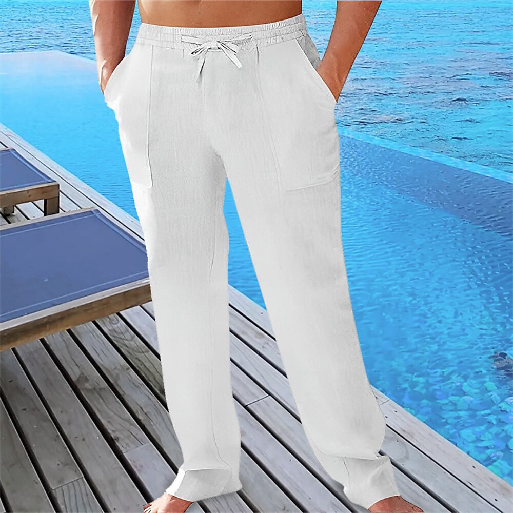 Herren Leinenhose Hose Hosen Sommerhosen Strandhose Tasche Kordelzug Elastische Taille Glatt Komfort Atmungsaktiv Urlaub Täglich Festtage Hawaiianisch Boho Armeegrün Schwarz Lightinthebox