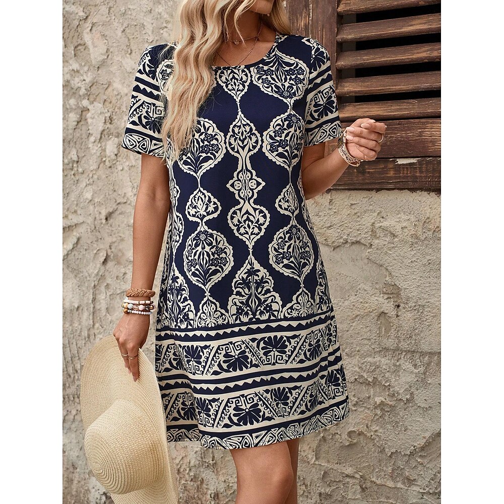 Damen Minikleid T-Shirt-Kleid Shiftkleid Sommerkleid Urlaub Lässig Arbeit Täglich Normale Passform Grafik Stammes Kurzarm Rundhalsausschnitt Marinenblau Sommer Frühling Lightinthebox