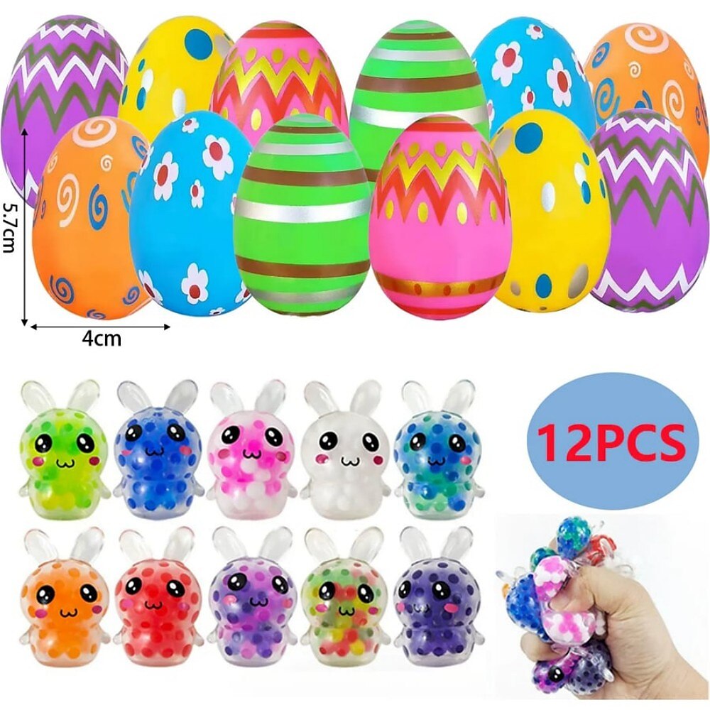12 vorgefüllte Ostereier, Osterhasen-Stressball, Überraschungs-Ostereier-Spielzeugset mit Häschen-Stressbällen, Mini-Tierfiguren, Rückziehautos, lustige Ostergeschenke für Kinder Lightinthebox