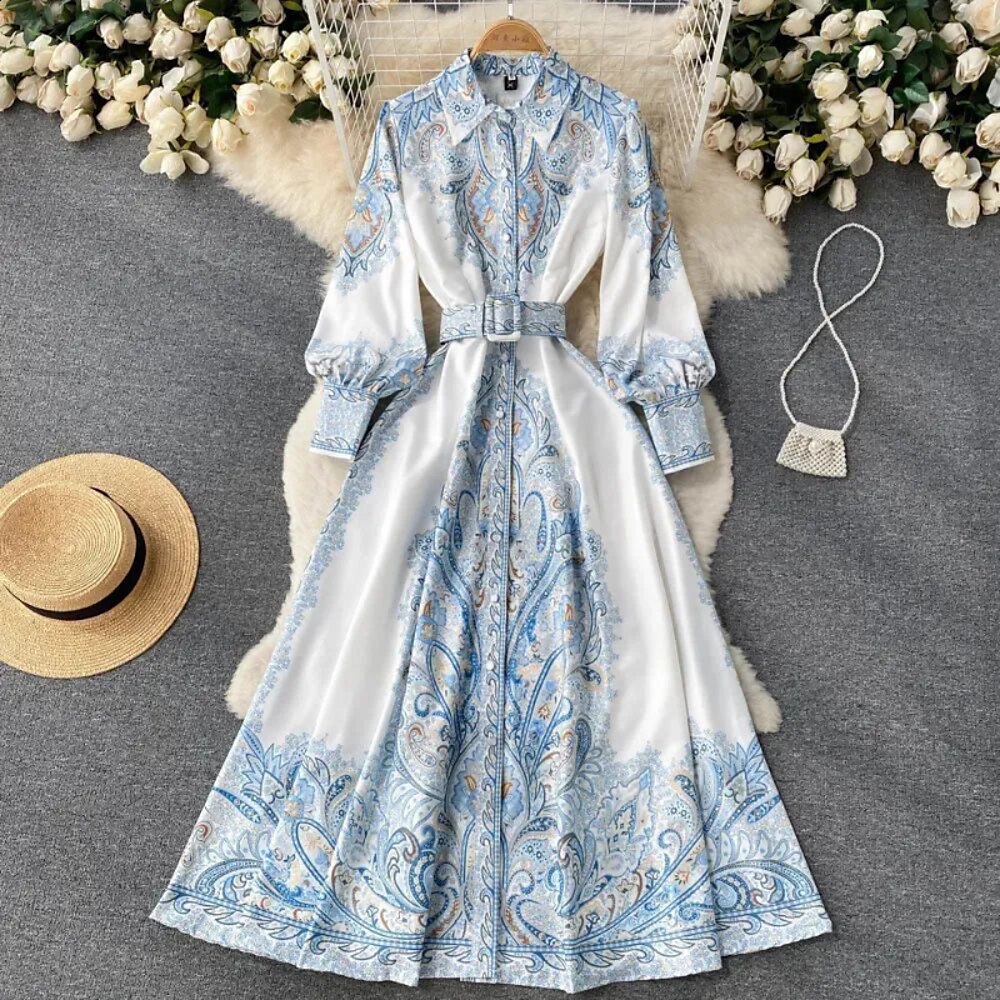 Damen Midikleid Boho-Kleid Mode Ferien Ausgehen Wochenende Normale Passform Blume Langarm Hemdkragen Schwarz Blau Aprikose Sommer Lightinthebox