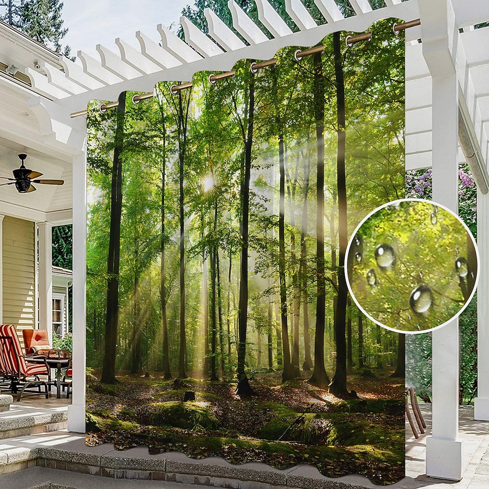 Wasserdichter Sichtschutzvorhang für den Außenbereich, Schiebevorhänge für die Terrasse, Pergola-Vorhänge mit Ösen, 3D-Waldlandschaft für Pavillon, Balkon, Veranda, Party, 1 Panel Lightinthebox