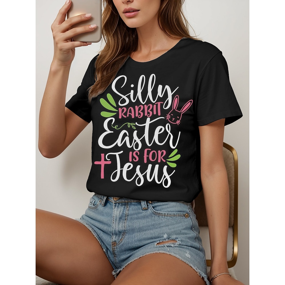 Ostern Damen Bluse Blumen Tier Brautkleider schlicht Kurzarm Rundhalsausschnitt Normale Oberteile Täglich Bedruckt Schwarz Sommer Frühling Lightinthebox