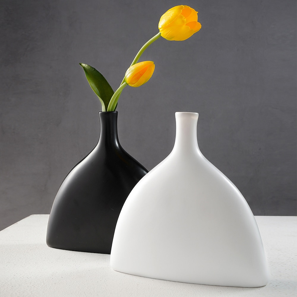 minimalistische halbovale dekorative Vase, schwarz-weiße einfarbige Tischblumenvase, moderne Inneneinrichtung und Behälter für Blumenarrangements Lightinthebox