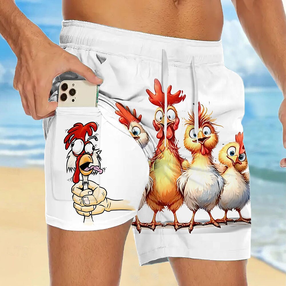 Herren Tiermotiv Küken Lustig Gefütterte Shorts 2 in 1 Badeshorts Badeshorts Mittlere Taille Hawaiianisch Urlaub Ferien Strandbekleidung Seitentaschen Mit Kompressionsfutter Elastischer Kordelzug in Lightinthebox