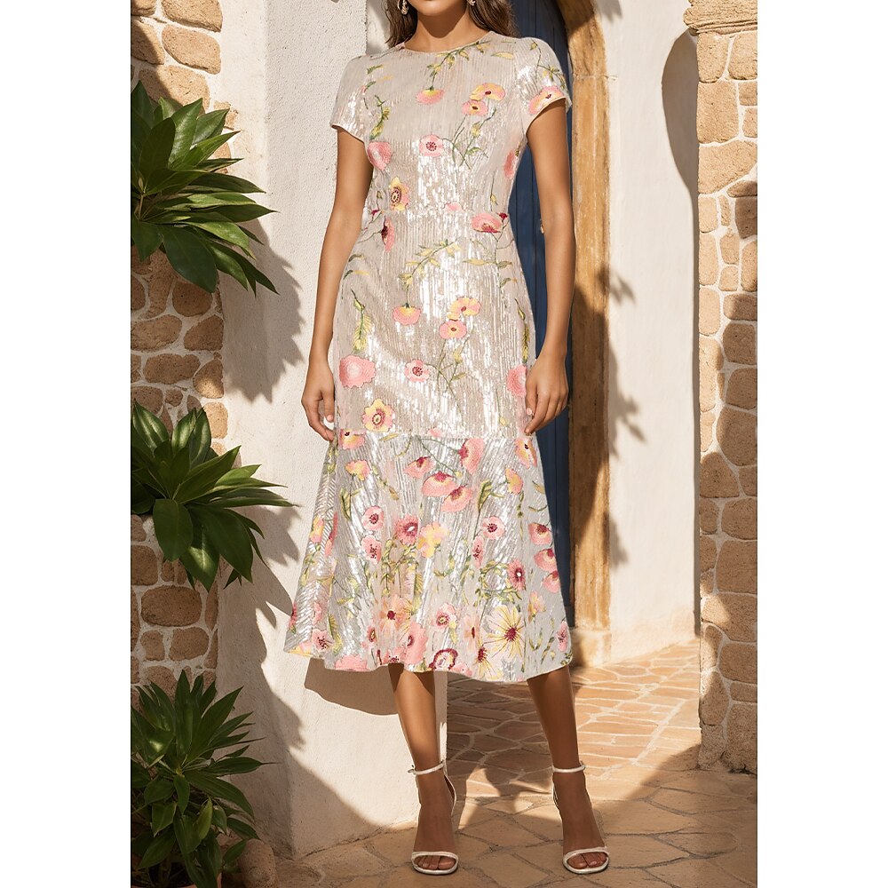 A-Linien-Cocktailkleider, elegantes Derby-Kleid, formelle Hochzeit, teelanges, kurzärmeliges Kleid mit Rundhalsausschnitt, Tüll mit Paillettenstickerei, Spitze 2025 Lightinthebox