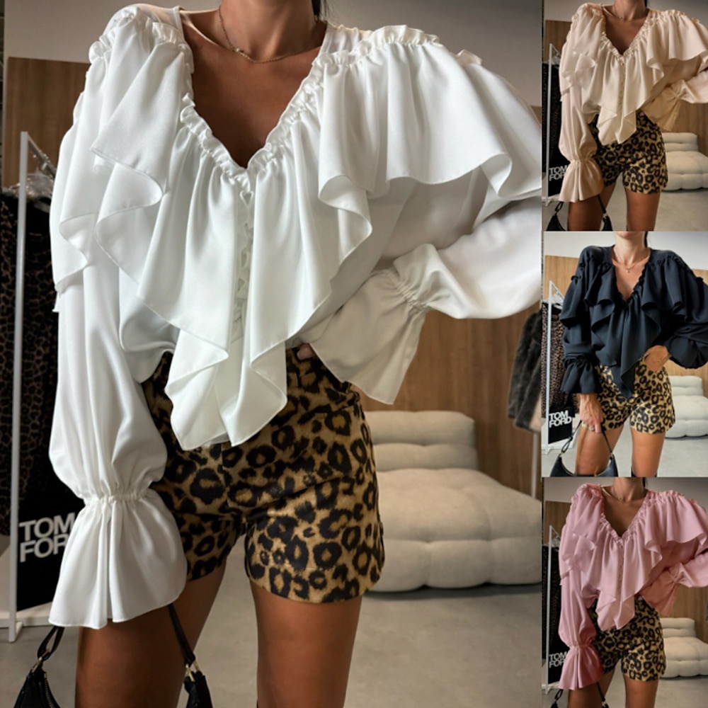 Damen Hemd Bluse Glatt Täglich Modern Langarm V Ausschnitt Normale Oberteile Festtage Ausgehen Rüsche Schwarz Weiß Rosa Khaki Frühling Lightinthebox