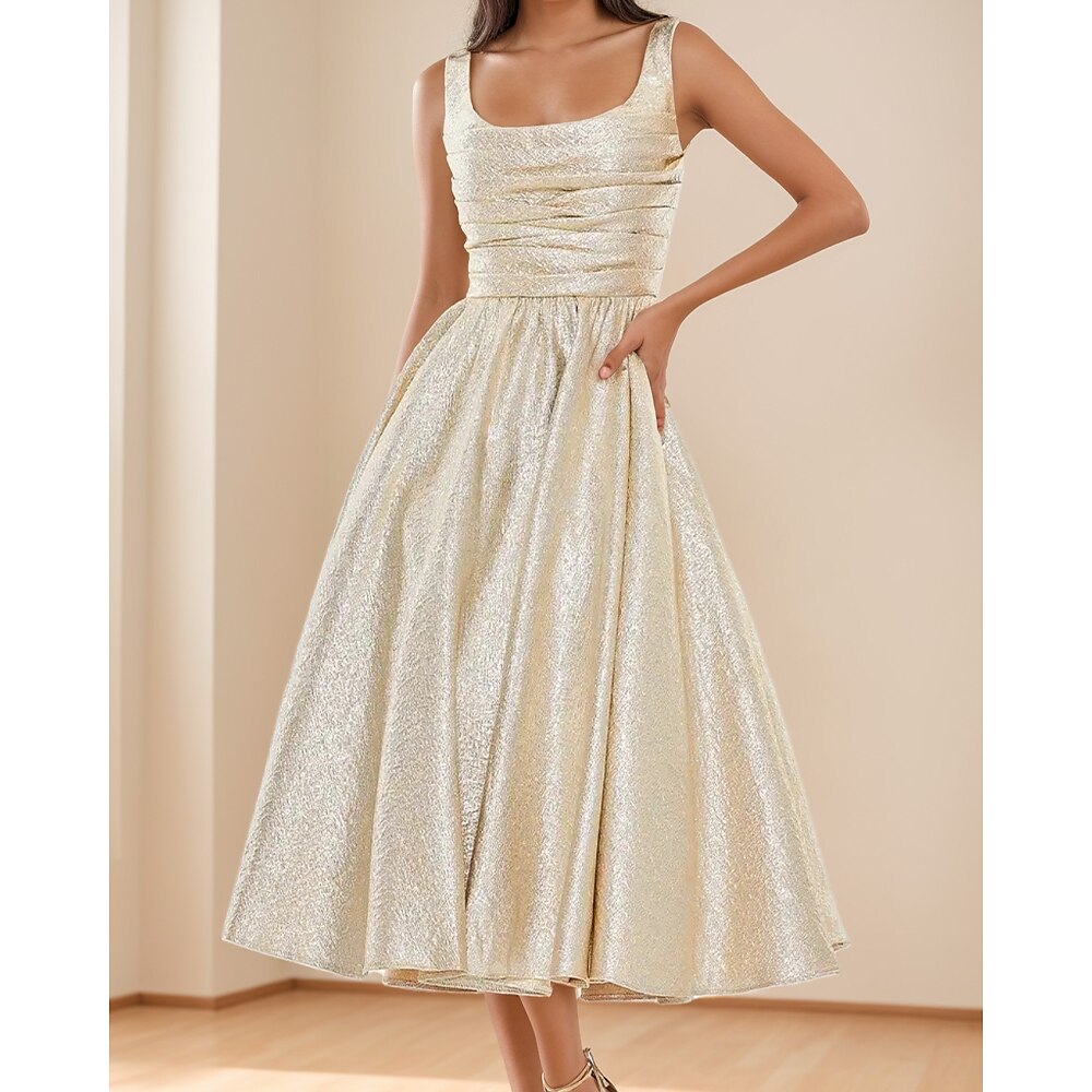 A-Linien-Cocktailkleider, elegantes Kleid, formelle Hochzeit, teelang, ärmellos, quadratischer Ausschnitt, Jacquard mit Falten, gerüscht, 2025 Lightinthebox