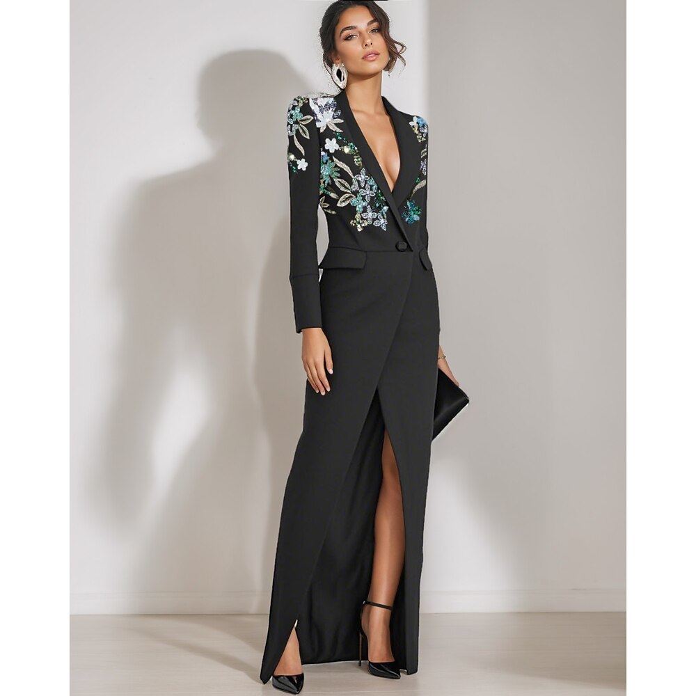 schwarzer A-Linien-Smoking mit Stickerei, formelles Kleid für die Brautmutter, eleganter Vintage-Hemdkragen, bodenlang, Stretchstoff, lange Ärmel, 2025 Lightinthebox