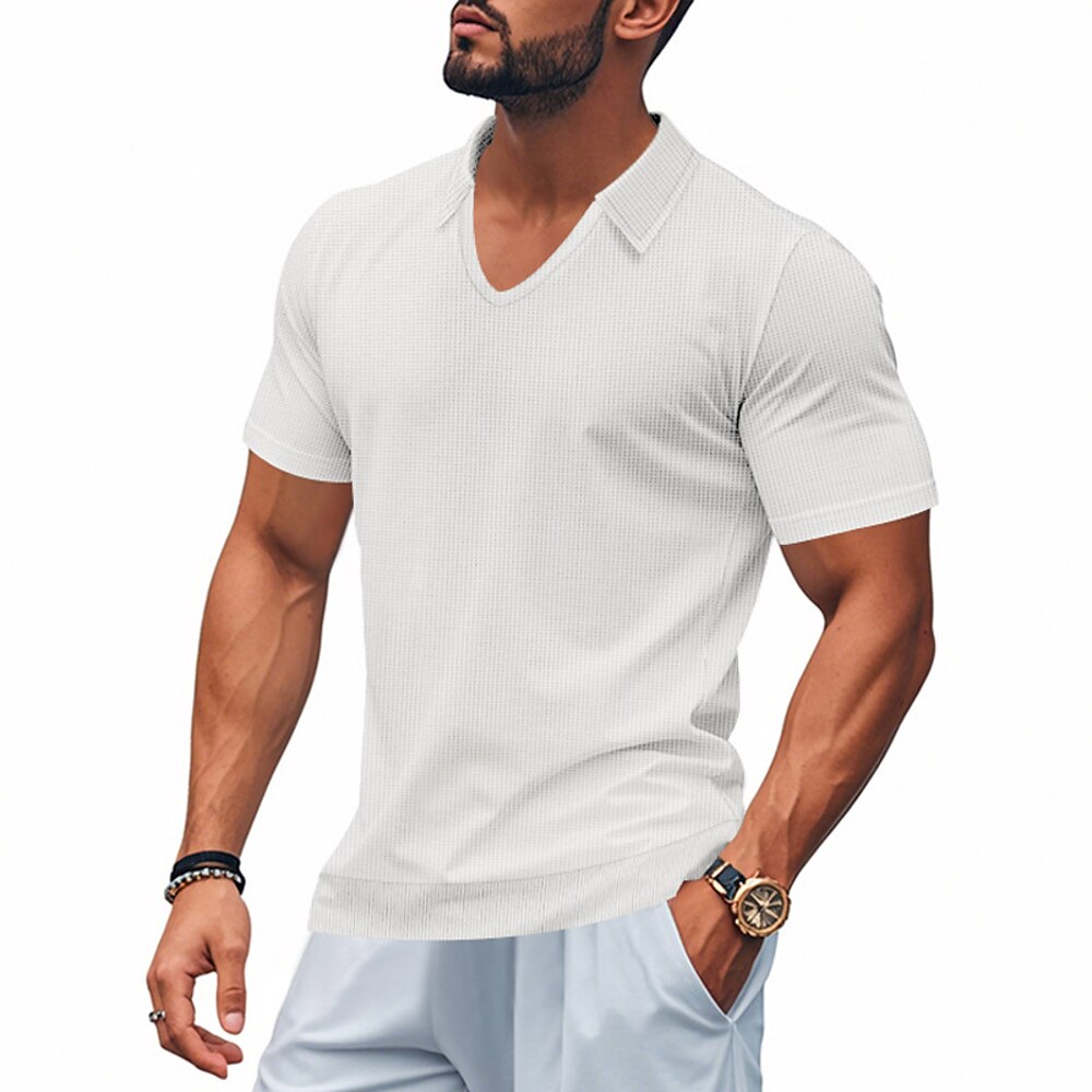 Herren Golfshirt Golf Poloshirts Arbeit Lässig V Ausschnitt Kurzarm Basic Modern Einfach Jacquard Sommer Frühling Normale Passform Aprikose Weiß Braun Hellgrau Armeegrün Hellblau Golfshirt Lightinthebox