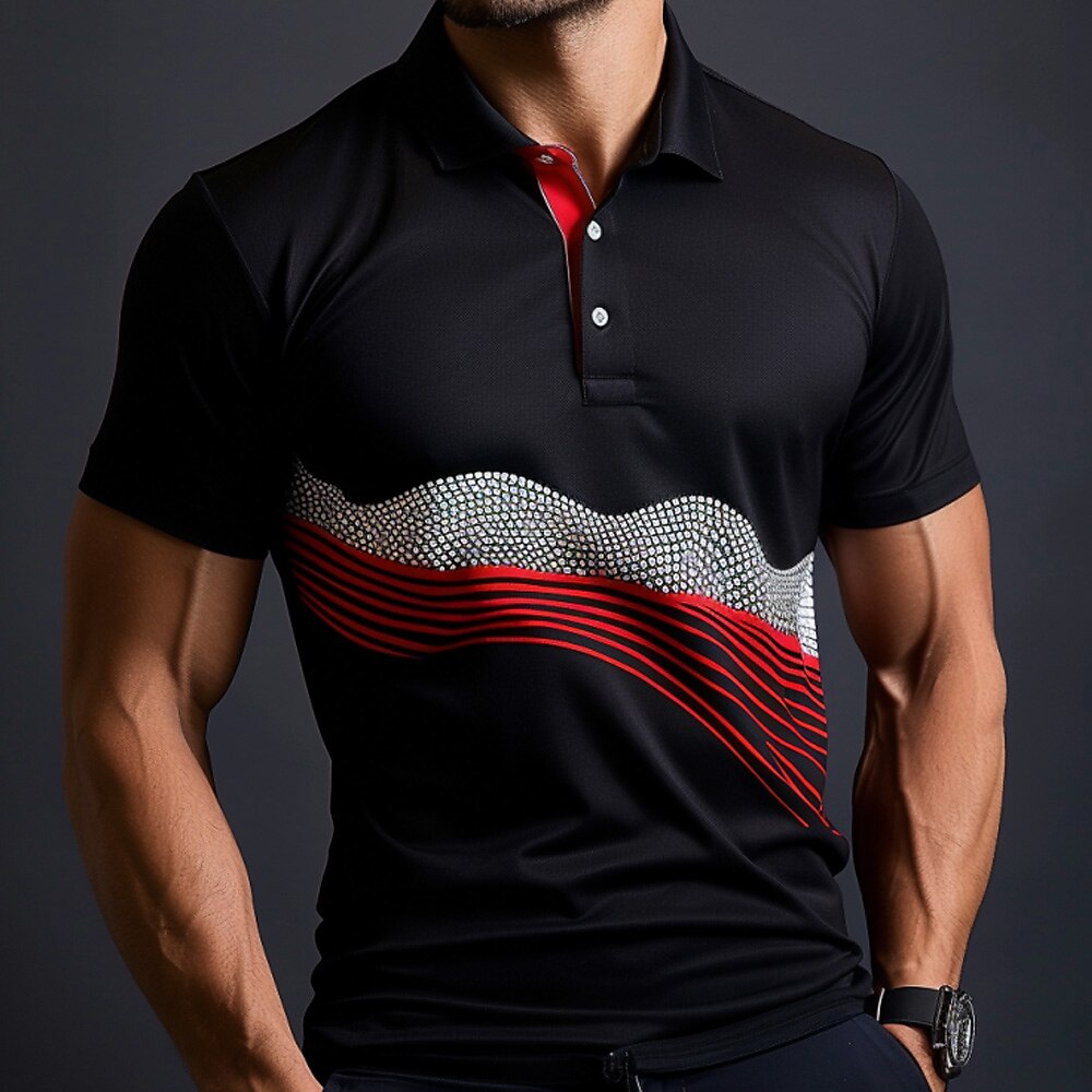 Herren Sommer Frühling Herbst Geometrisch Linie Polo Kurzarm Polo-Shirts Hemden mit Kragen Business-Casual Schule Outdoor Alltagskleidung 3D-Druck Schwarz Lightinthebox