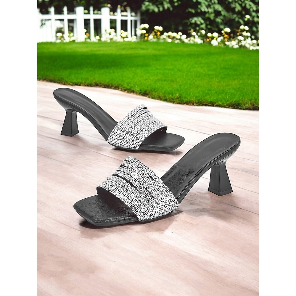 Damen Sandalen Urlaub Täglich Strass Stiletto Quadratische Zehe Urlaub PU Loafer Schwarz Lightinthebox