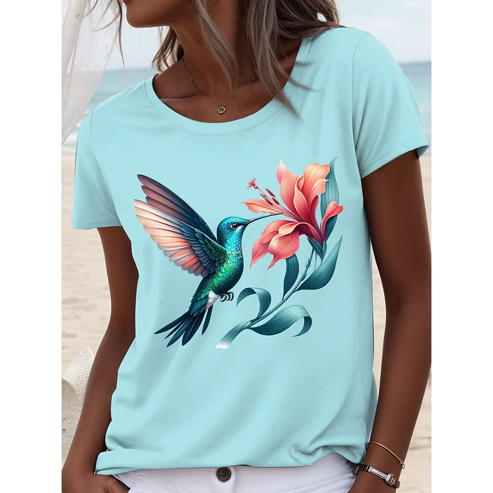 Damen T Shirt Blumen Grafik Vogel Lässig Kurzarm Rundhals Normale Oberteile Täglich Druck Weiß Rosa Himmelblau Sommer Lightinthebox