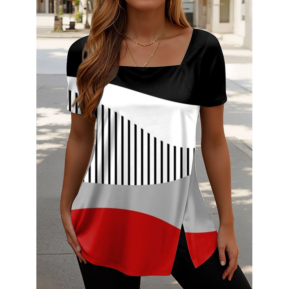 Damen T Shirt Grafik Geometrisch Gestreift Stilvoll Modern Lässig Kurzarm Quadrathals Normale Oberteile Täglich Wochenende Druck Rote Blau Purpur Grün Sommer Frühling Lightinthebox