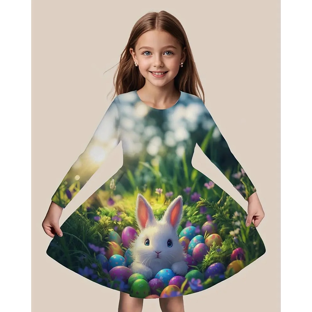 Ostern Mädchen' 3D Graphic Hase Kaninchen Kleid Langarm Sommer Frühling Urlaub Täglich Festtage Prinzessin Schön Süß kinderkleidung 4-12 Jahre Casual kleid A Linie Kleid Knielang Regular Fit Lightinthebox