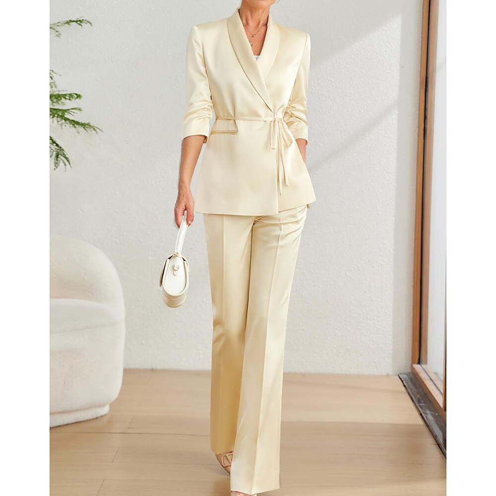 Overall / Hosenanzug Brautmutterkleid Elegant Einfach Minimalistisch V Ausschnitt Bodenlang Satin Dreiviertelarm mit Schärpe / Band Gerafft Einfarbig 2025 Lightinthebox