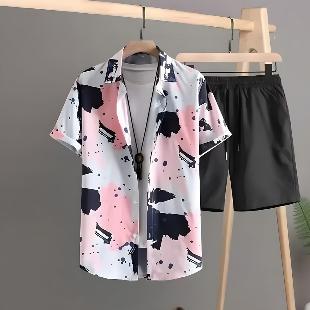 Herren Sommer Spritzer 2St Hemden-Sets Sommer Hawaiihemd Kurzarm Kurze Hosen Umlegekragen Urlaub Lässig Lässig Täglich Urlaubskleidung 3D-Druck Rosa Lightinthebox