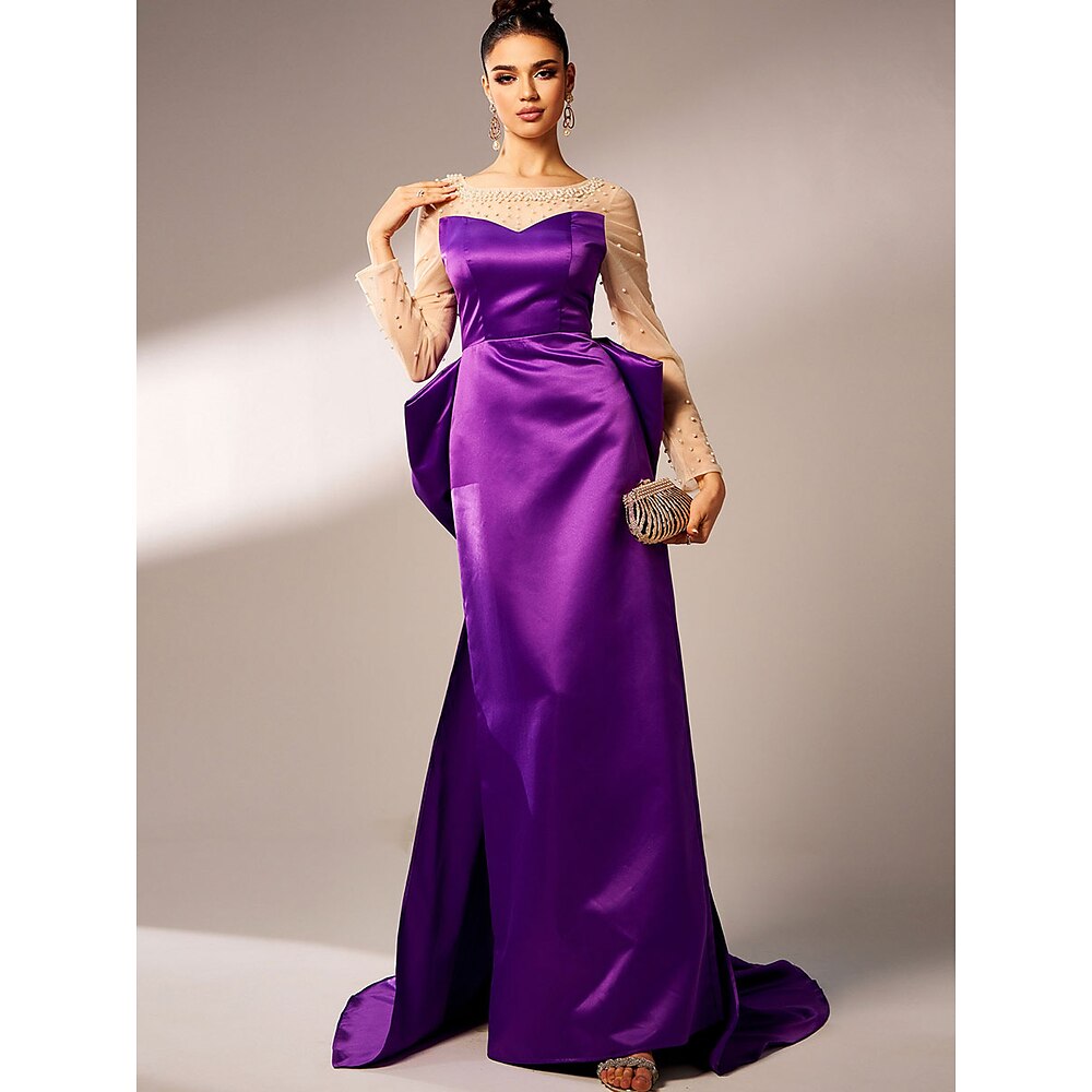 Meerjungfrauenschnitt Partykleider Elegant Kleid Hochzeit Hochzeitsgast Bodenlange Schleppe Langarm Juwelenhals Polyester mit Perlenstickerei Paillette 2025 Lightinthebox