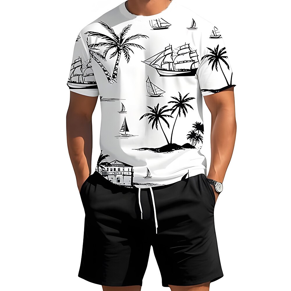 Herren Sommer Palme 2St T-Shirts-Sets Sommeroberteile Kurzarm Kurze Hosen Rundhalsausschnitt Urlaub Lässig Sport Täglich Urlaubskleidung 3D-Druck Weiß Lightinthebox