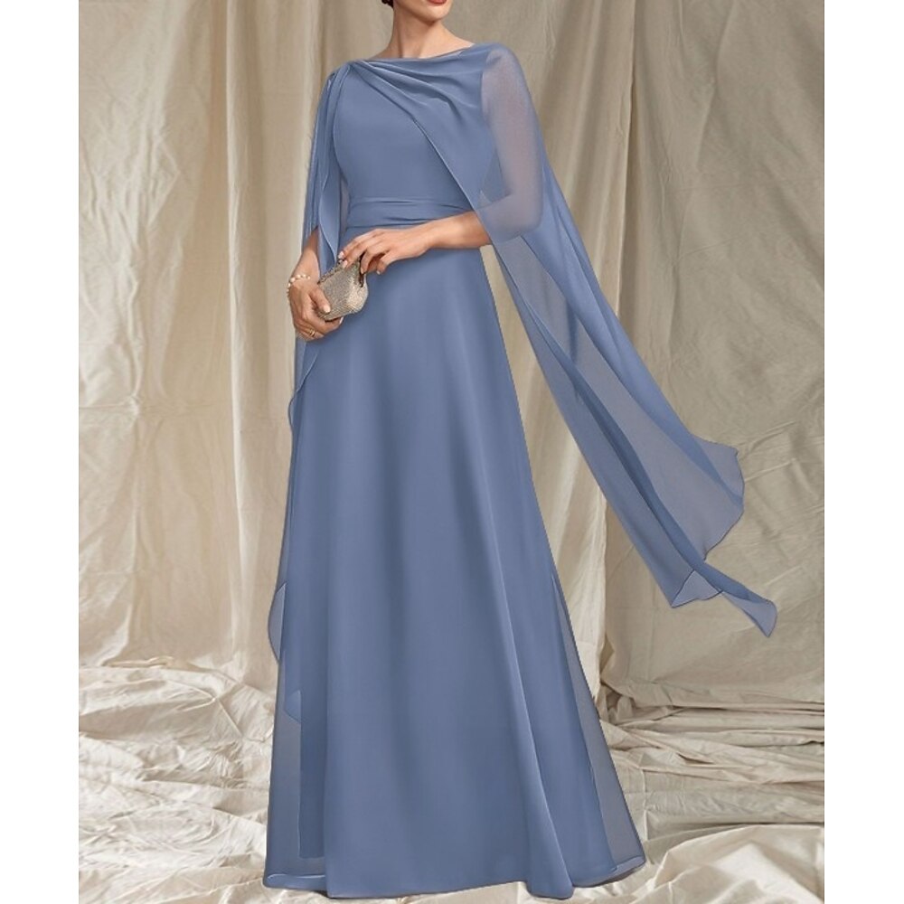 A-Linie Brautmutterkleid Hochzeitsgast Elegant Rundhalsausschnitt Bodenlang Chiffon Ärmellos mit Schärpe / Band Rüschen Raffung 2025 Lightinthebox