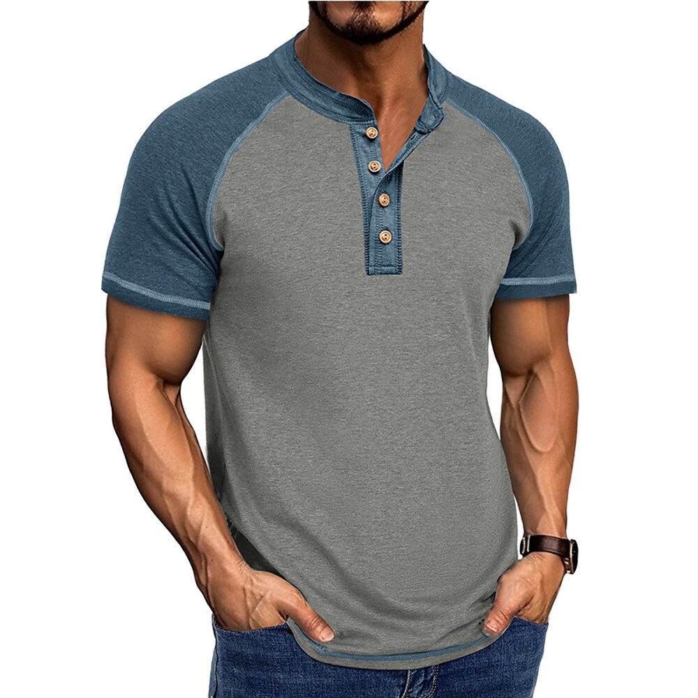 Herren Henley Hemd T-Shirt Baseball-T-Shirt Kurzarm Farbblock Mode Designer Raglanärmel Henley Urlaub Straße Ausgehen Sommer Dunkelgrau Schwarz Grau Henley T-Shirt Lightinthebox