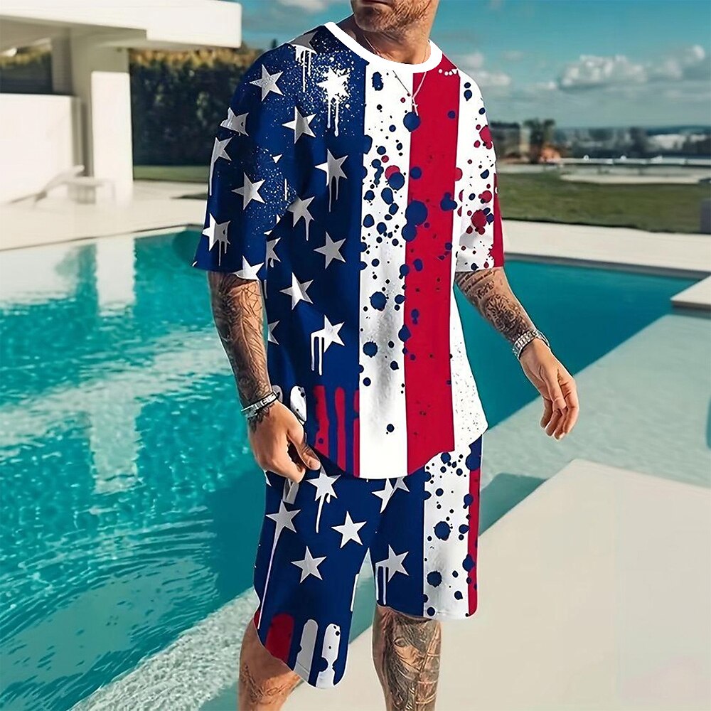 Amerikanischer Unabhängigkeitstag Herren Sommer Amerikanische US-Flagge 2St T-Shirts-Sets Sommeroberteile Kurzarm Kurze Hosen Rundhalsausschnitt Lässig Trendy Outdoor Sport Lässig 3D-Druck Blau Weiß Lightinthebox