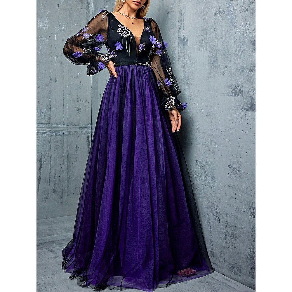 A-Linie Quinceanera-Kleider Elegant Kleid Hochzeit Hochzeitsgast Bodenlang Langarm V Ausschnitt Polyester Rückenfrei mit Stickerei 2025 Lightinthebox