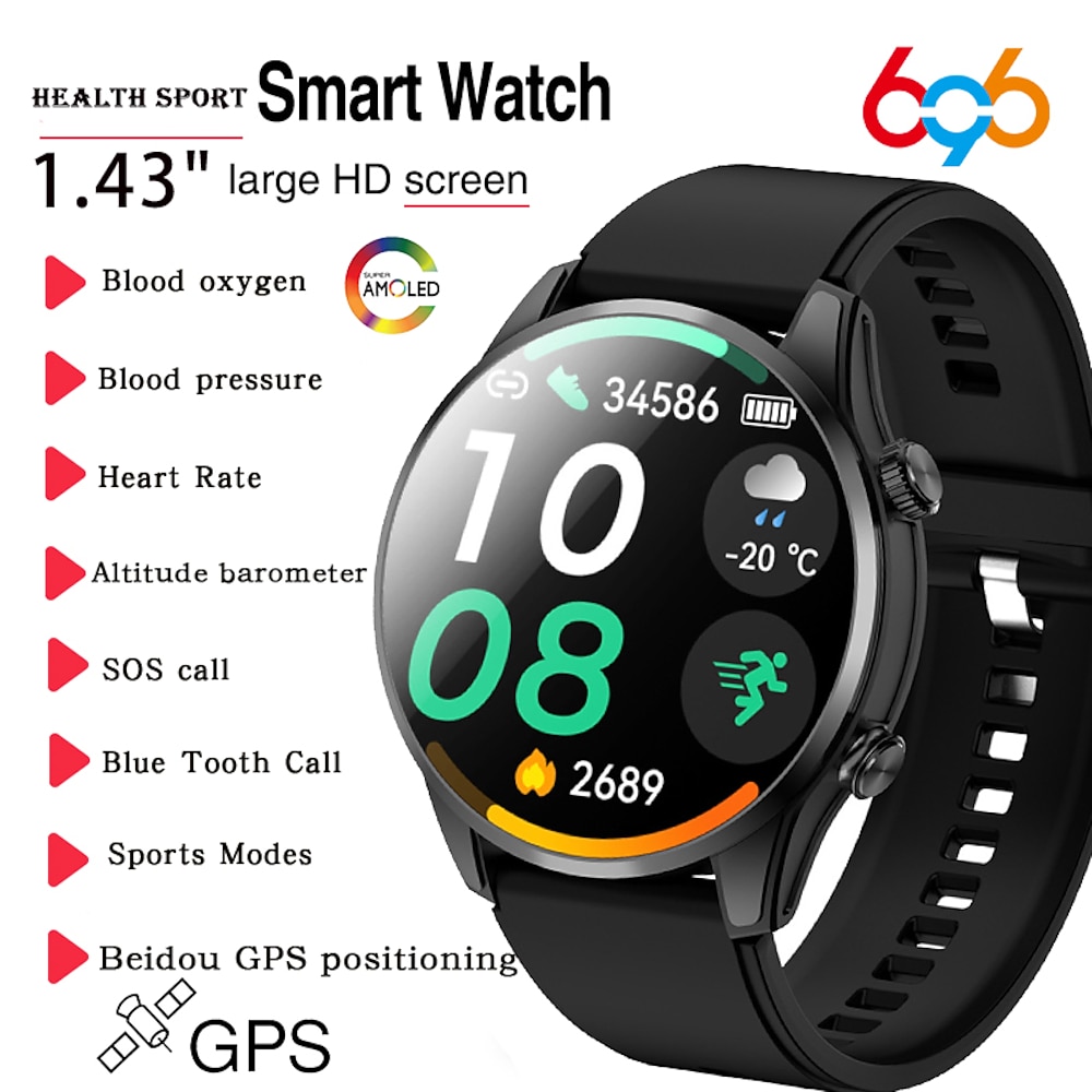 696 G100 Smartwatch 1.43 Zoll Smartwatch Fitnessuhr Bluetooth Schrittzähler Anruferinnerung Schlaf-Tracker Kompatibel mit Android iOS Herren Freisprechanrufe Nachrichtenerinnerung IPX-0 46mm Lightinthebox