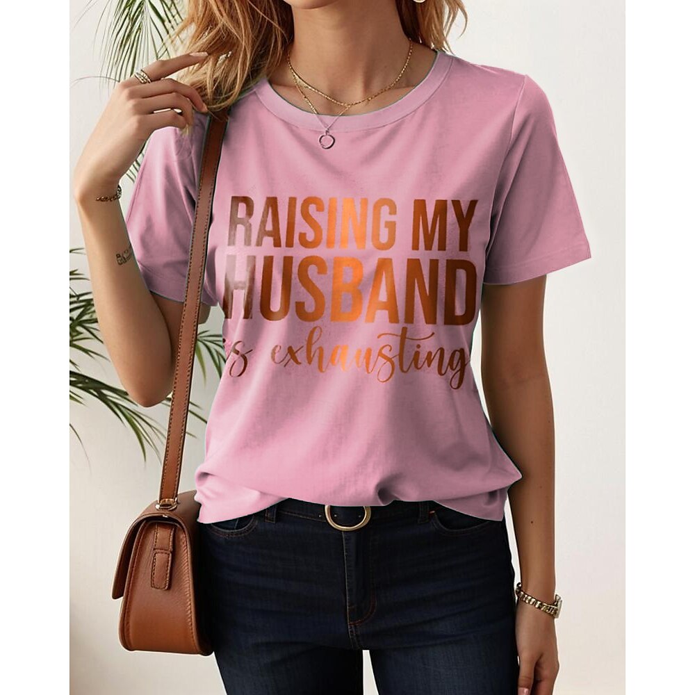 Damen T Shirt Grafik Buchstabe Stilvoll Lässig Kurzarm Rundhals Normale Oberteile Täglich Wochenende Druck Schwarz Weiß Rosa Sommer Frühling HUSBAND Lightinthebox