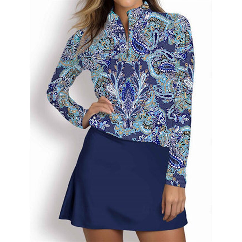 Damen poloshirt Meerblau Weiß Rosa Langarm Sonnenschutz Shirt Paisley-Muster Herbst Winter Damen-Golfkleidung, Kleidung, Outfits, Kleidung Lightinthebox