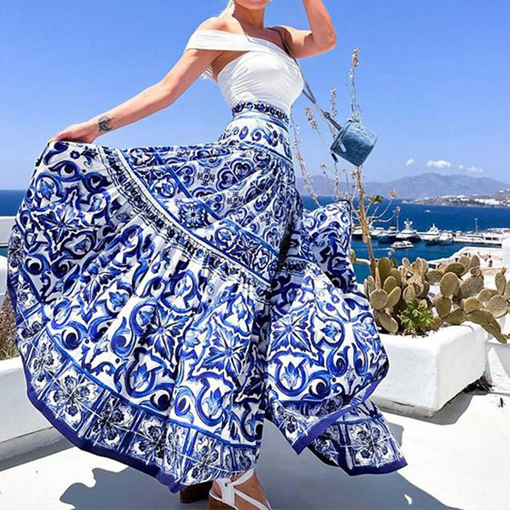 Damen Rock Schwingend Lässig Boho Maxi Mittlere Hüfthöhe Röcke Blumen Druck Mikroelastisch Urlaub Ausgehen Blau Sommer Spandex Lightinthebox