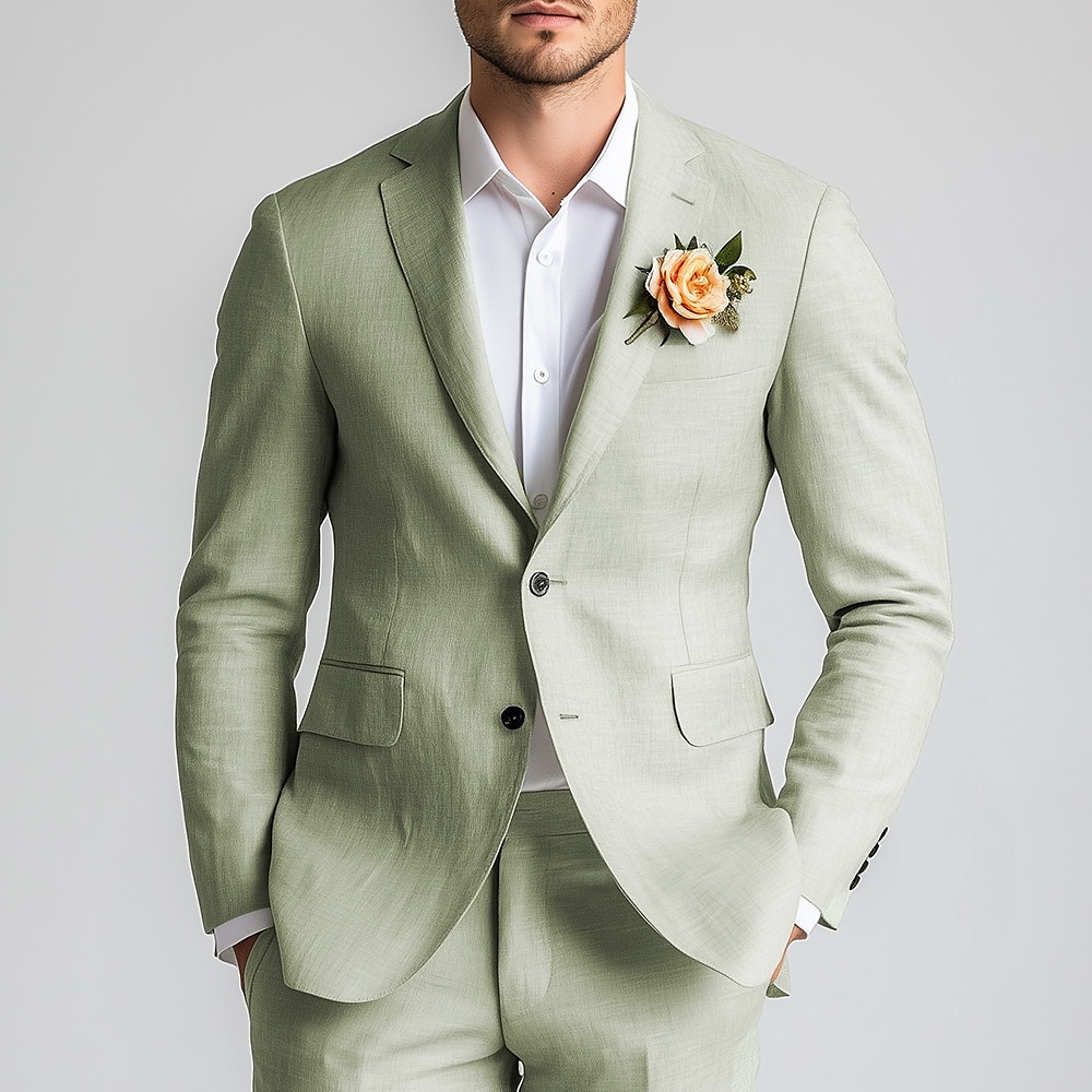 Herren Strandhochzeits Leinenanzüge Kentucky Derby Salbei Mode Lässig Sommer Einfarbig Standard Passform 2-teilig Einreiher Zwei-Knöpfe Lightinthebox