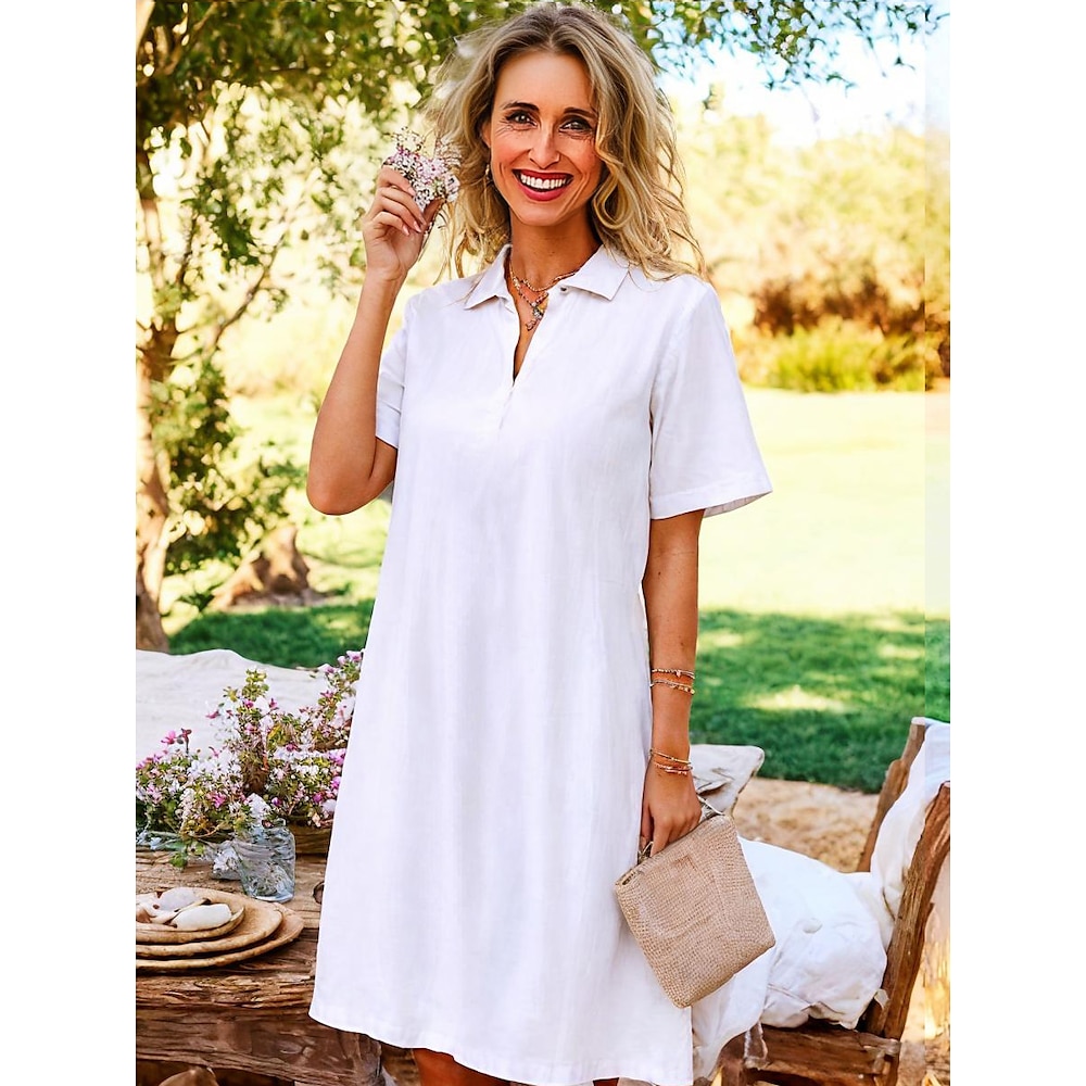 Damen Midikleid A Linie Kleid Urlaub Lässig Täglich Date Lässiger Schnitt Einfach Kurzarm Hemdkragen Weiß Sommer Lightinthebox