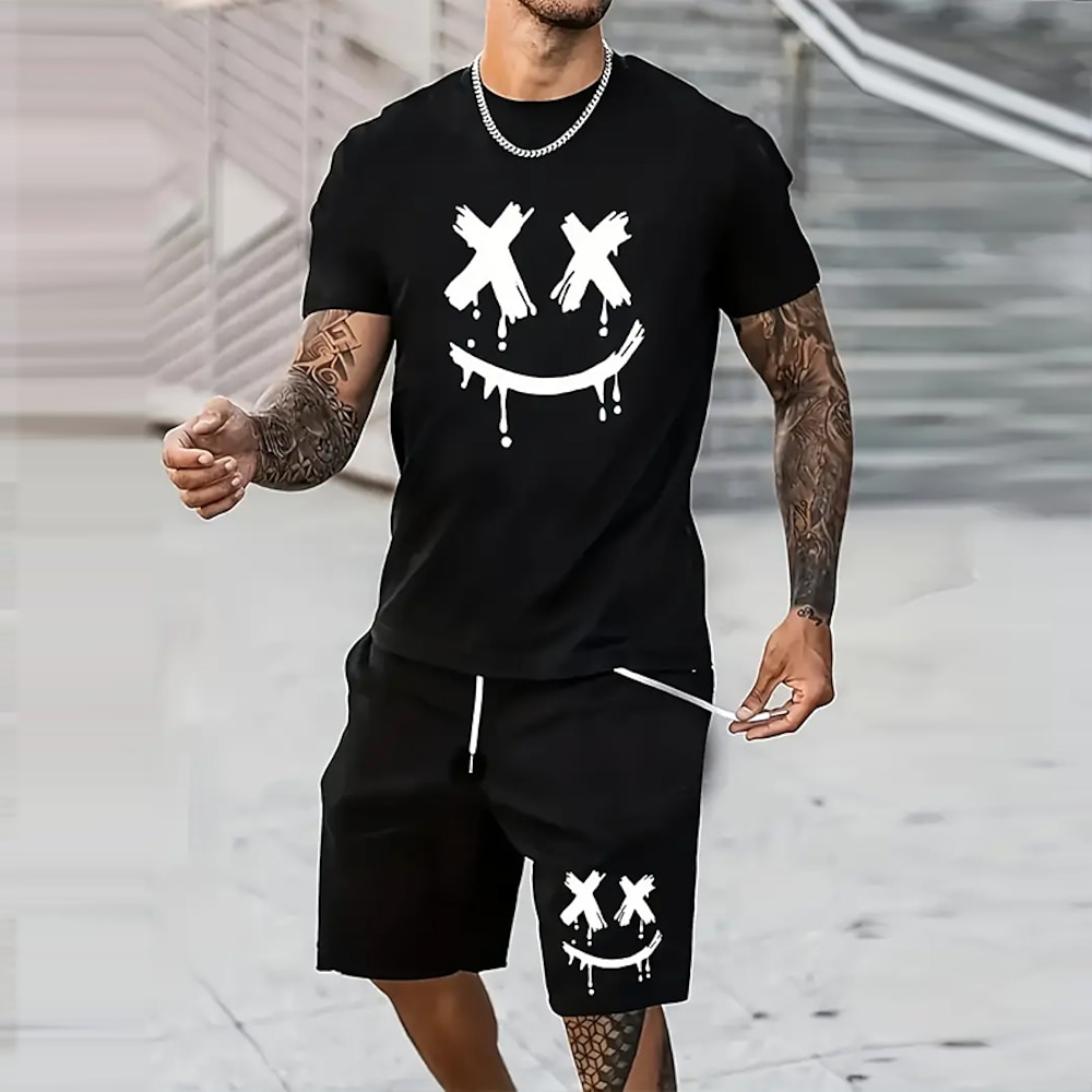 Herren Lächelndes Gesicht 2St T-Shirts-Sets Sommeroberteile Kurzarm Kurze Hosen Rundhalsausschnitt Sport Dunkel Outdoor Sport Täglich 3D-Druck Schwarz Lightinthebox