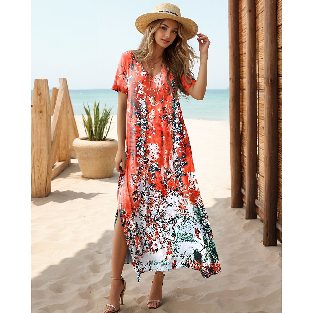 Damen Maxidress Casual kleid Sommerkleid A Linie Kleid Urlaub Brautkleider schlicht Urlaub Täglich Regular Fit Farbverlauf Graphic Kurzarm V Ausschnitt Orange Sommer Lightinthebox