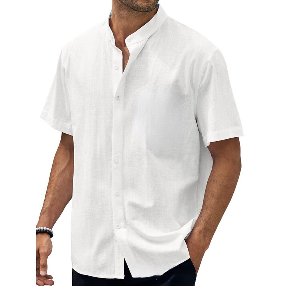 Herren Hemd leinenhemd Freizeithemd Knopfhemd Baumwollhemd Einfach Urlaub Straße Schwarz Weiß Himmelblau Khaki Kurzarm Stehkragen Sommer Bekleidung Button-Down Lightinthebox