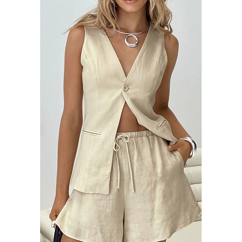 Damen Mode Basic Bluse Shorts-Sets Ärmellos V Ausschnitt Einfarbig Dubbele Rij Knopen Ferien Wochenende Weiß Blau Khaki Sommer Normale Passform Lightinthebox