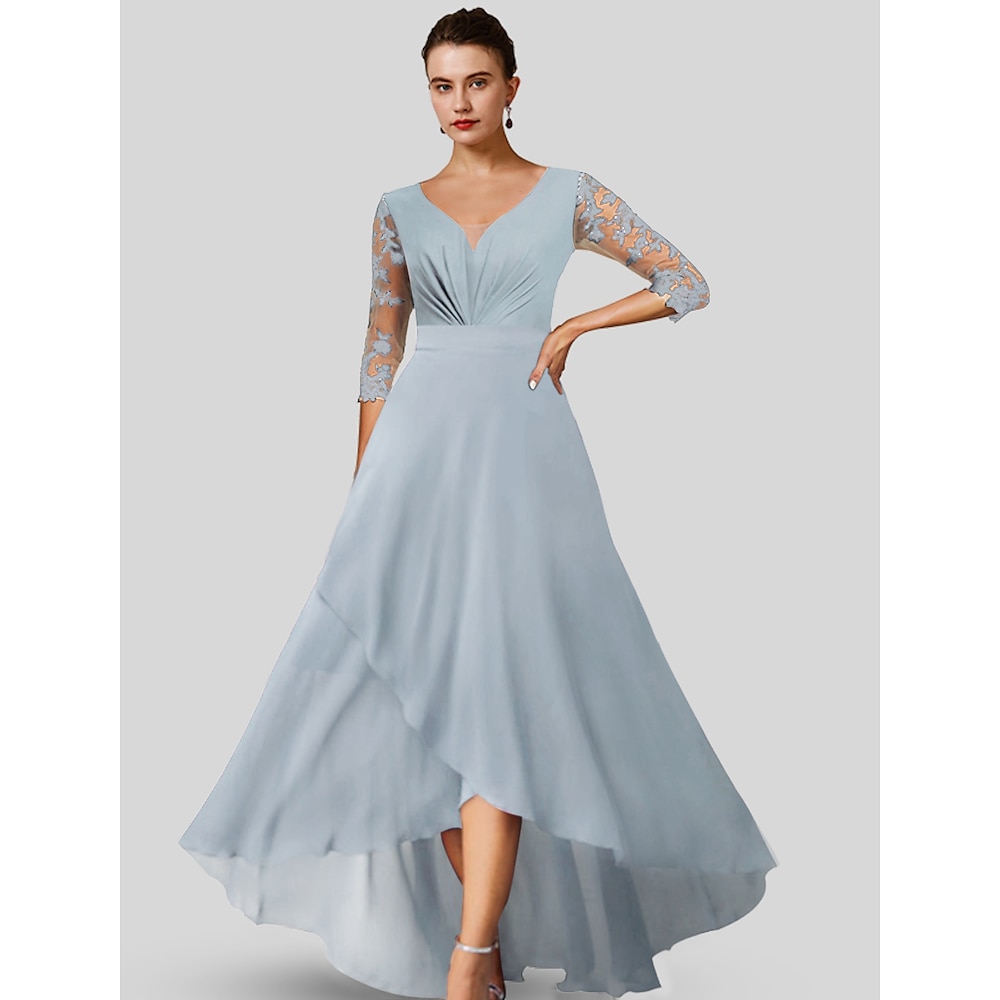 TS A-Linie Kleid für die Mutter der Braut, Hochzeitsgast, elegant, hoher V-Ausschnitt, asymmetrisch, wadenlang, Chiffon, Spitze, 3/4-Ärmel mit Applikationen, 2025, kostenlose Sondergröße Lightinthebox