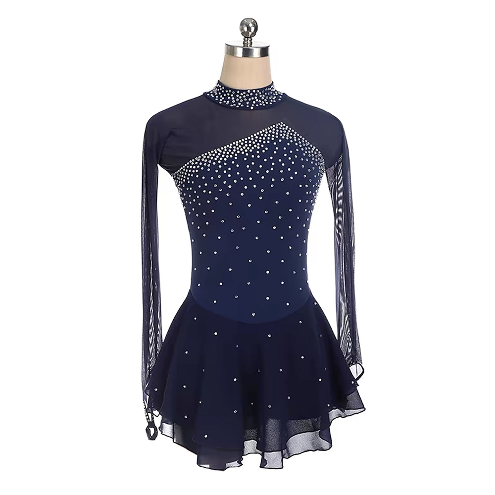 Eiskunstlaufkleid Damen Mädchen Eislaufen Kleid Dunkelmarine Patchwork Daumenloch Netzstoff Spandex Dehnbar Training Übung Professionell Eiskunstlaufkleidung Thermowarm Kristall / Strass Langarm Lightinthebox