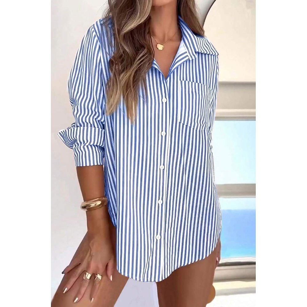 Damen Hemd Bluse Gestreift Modern Langarm Hemdkragen Normale Oberteile Täglich Ausgehen Knopf Marineblau Königsblau Braun Sommer Lightinthebox