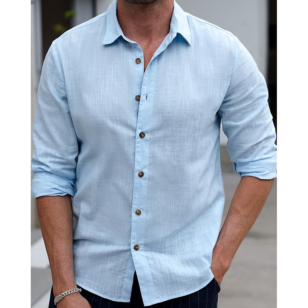 Herren Hemd leinenhemd Freizeithemd Knopfhemd Baumwollhemd Einfach Urlaub Hawaiianisch Hellgrau Leicht Blau Langarm Hemdkragen Frühling Herbst Bekleidung Button-Down Lightinthebox