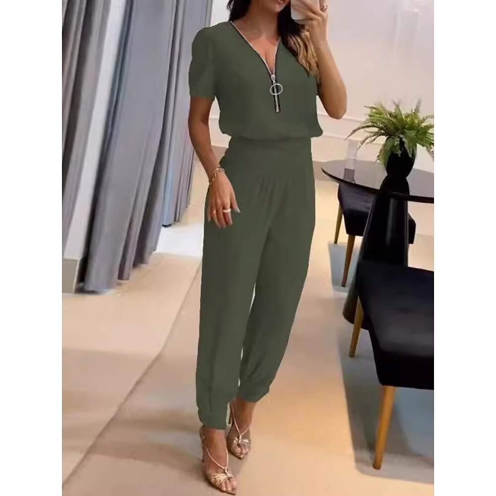 Damen Mode Streetwear Täglich Hosen-Sets Kurzarm V Ausschnitt Einfach Reißverschluss Lässig Täglich Schwarz Orange Grün Sommer Normale Passform Lightinthebox