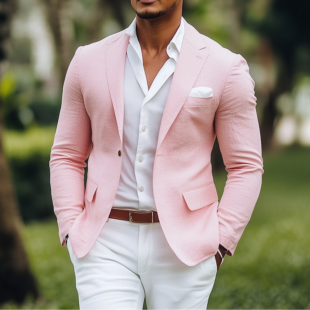 Herren Sport Jacke Leinenblazer Mode Lässig Einfarbig Blazer Rosa Standard Passform Einreihig Ein-Knopf Lightinthebox