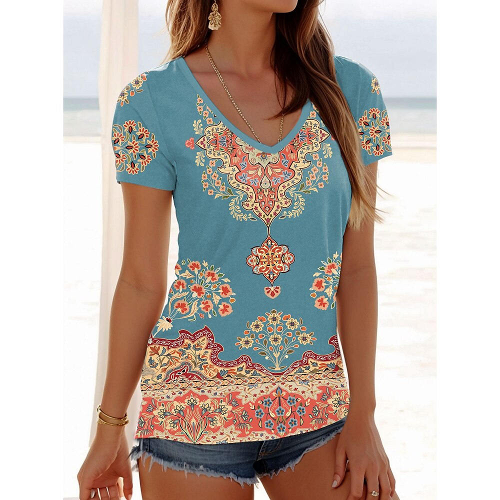 Damen T Shirt Grafik Paisley-Muster Lässig Kurzarm V Ausschnitt Normale Oberteile Täglich Druck Blau Sommer Frühling Lightinthebox