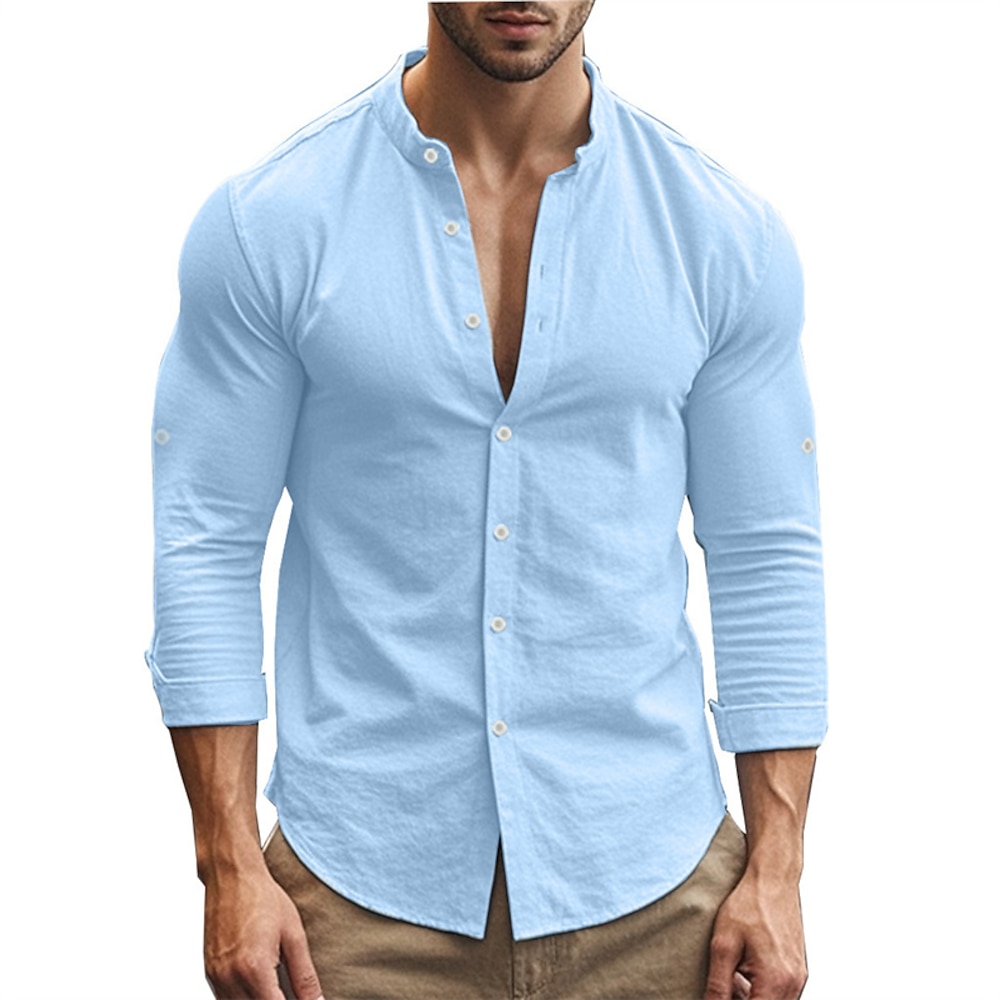 Herren Hemd leinenhemd Lässiges Hemd Knopfhemd Baumwoll-Shirt Glatt Urlaub Hawaiianisch Schwarz Weiß Khaki Dunkelgray Langarm Stehkragen Frühling Herbst Bekleidung Button-Down Lightinthebox