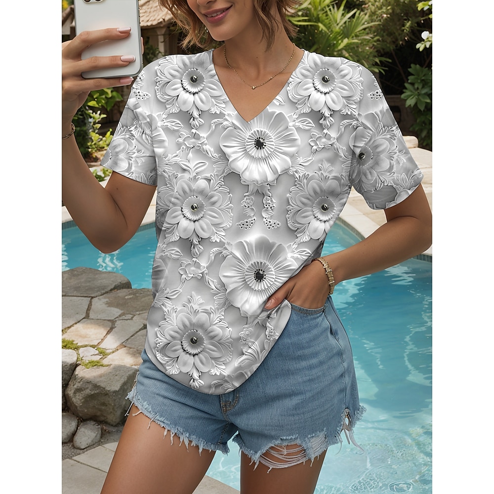 Damen Bluse Blumen Graphic Brautkleider schlicht Kurzarm V Ausschnitt Normale Oberteile Täglich Bedruckt Weiß Sommer Lightinthebox