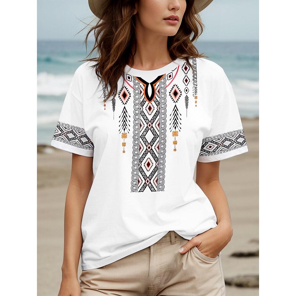 Damen T Shirt Grafik Geometrisch Stilvoll Lässig Kurzarm Rundhals Normale Oberteile Täglich Wochenende Süße Outfits Druck Schwarz Weiß Sommer Frühling Lightinthebox