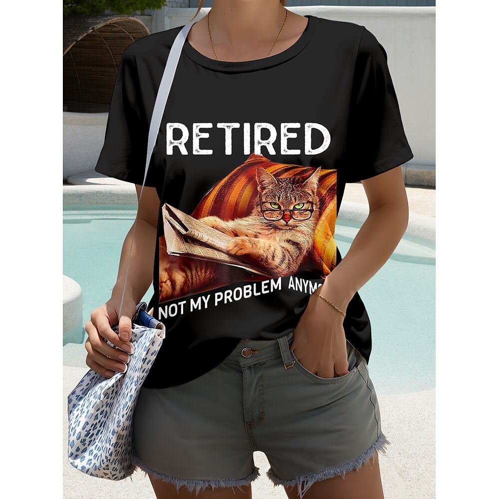 Damen T Shirt Grafik Tiermotiv Katze Stilvoll Lässig Kurzarm Rundhalsausschnitt Rundhals Normale Oberteile Täglich Wochenende Druck Schwarz Sommer Frühling Lightinthebox
