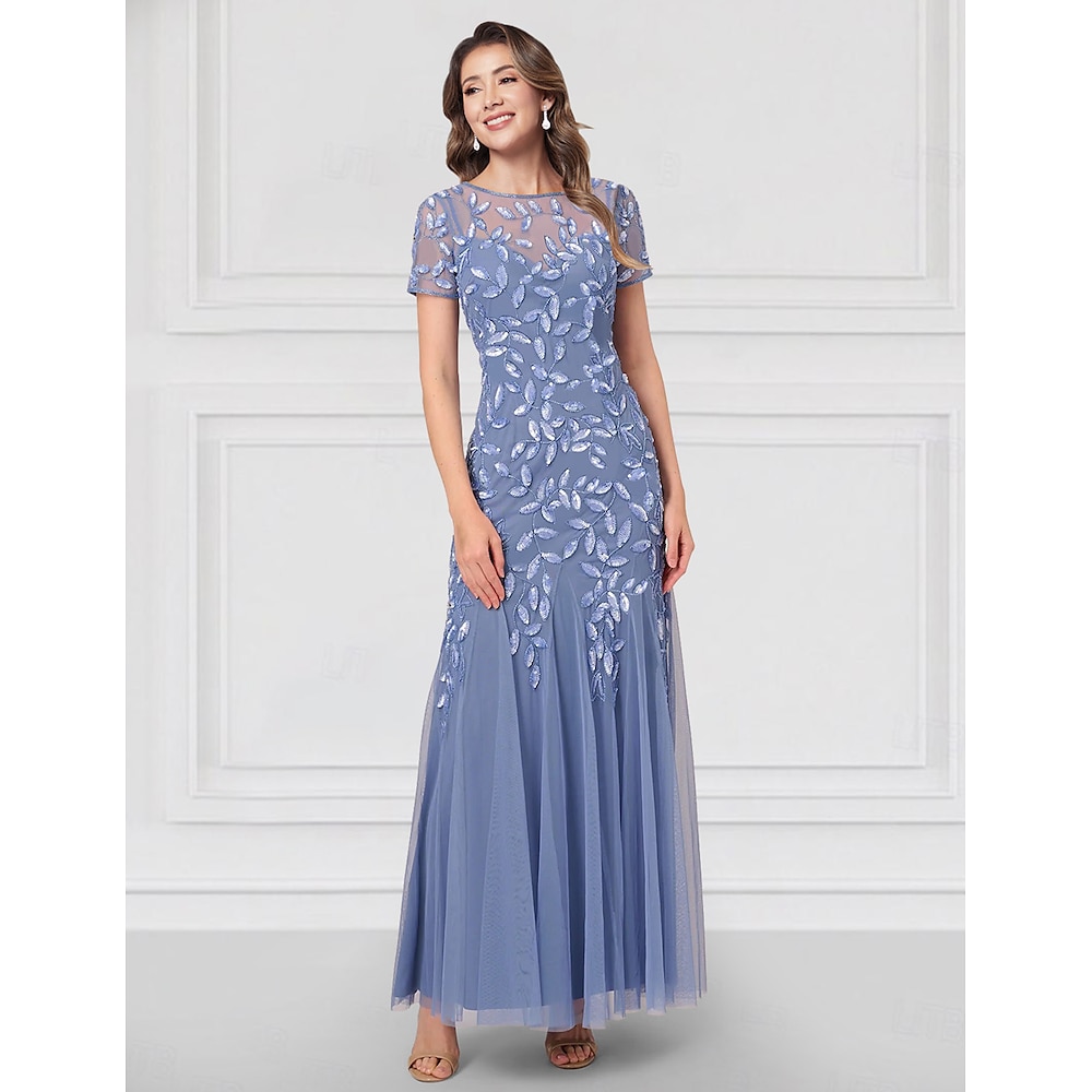 Perlenbesetztes, florales, blau-grünes A-Linien-Kleid für die Mutter der Braut, bestickt, Hochzeit, eleganter Vintage-V-Ausschnitt, knöchellang, Tüll, kurze Ärmel, 2025 Lightinthebox