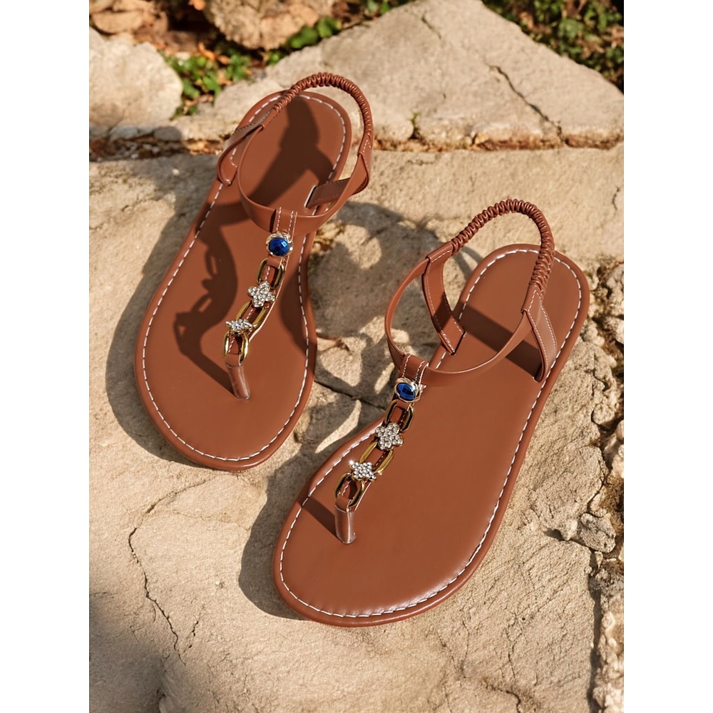 Damen-T-Riemchensandalen im Boho-Stil mit Strasssteinen - elegante flache Sommer-Strandsandalen mit Schmuckstein-Akzenten für die Freizeit und den Urlaub Lightinthebox